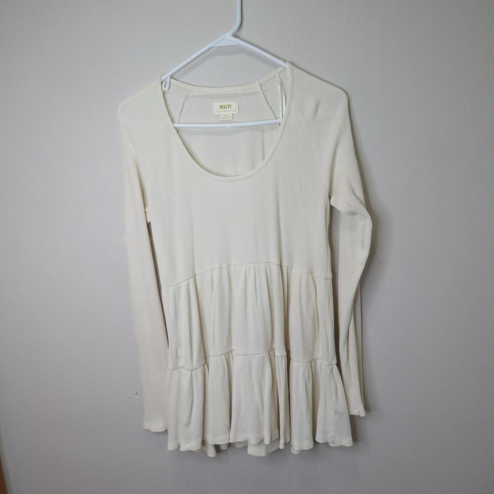 Maeve by Anthropologie Ivory Cotton Waffle Knit Tiered Babydoll Top XS